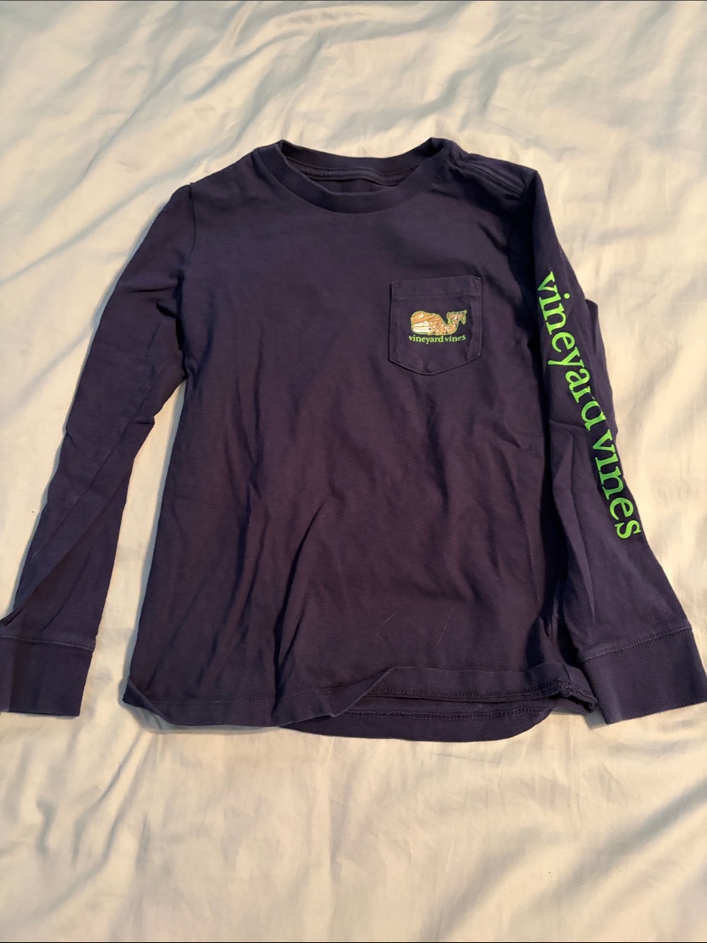 Vineyard Vines Kids' Navy Long-Sleeve Pocket Tee with Green Sleeve Logo